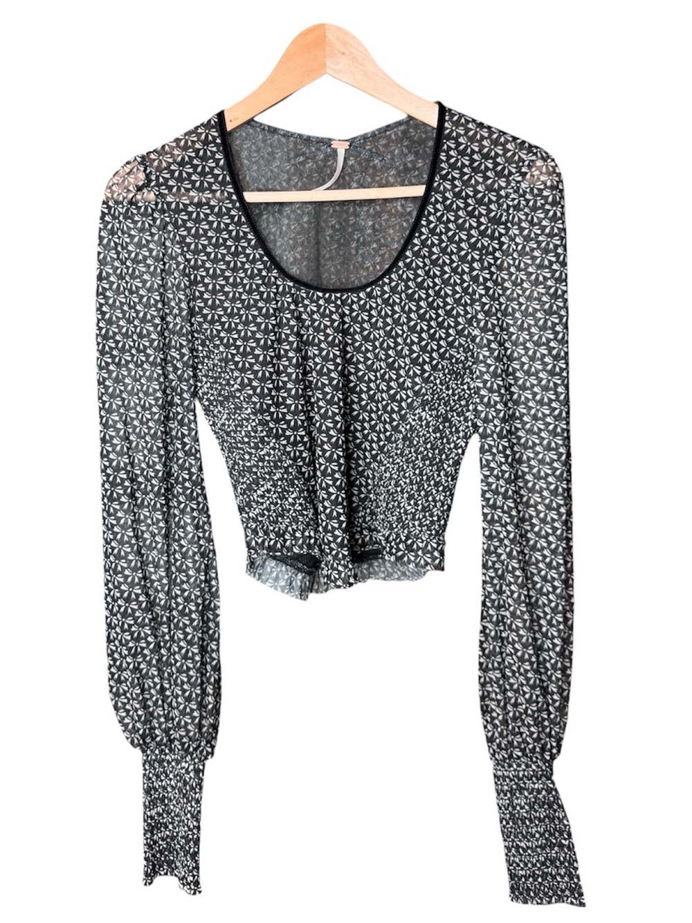 Free People Dottie Bow Print Sheer Sleeve Smocked Crop Knit Top Blouse Black S
